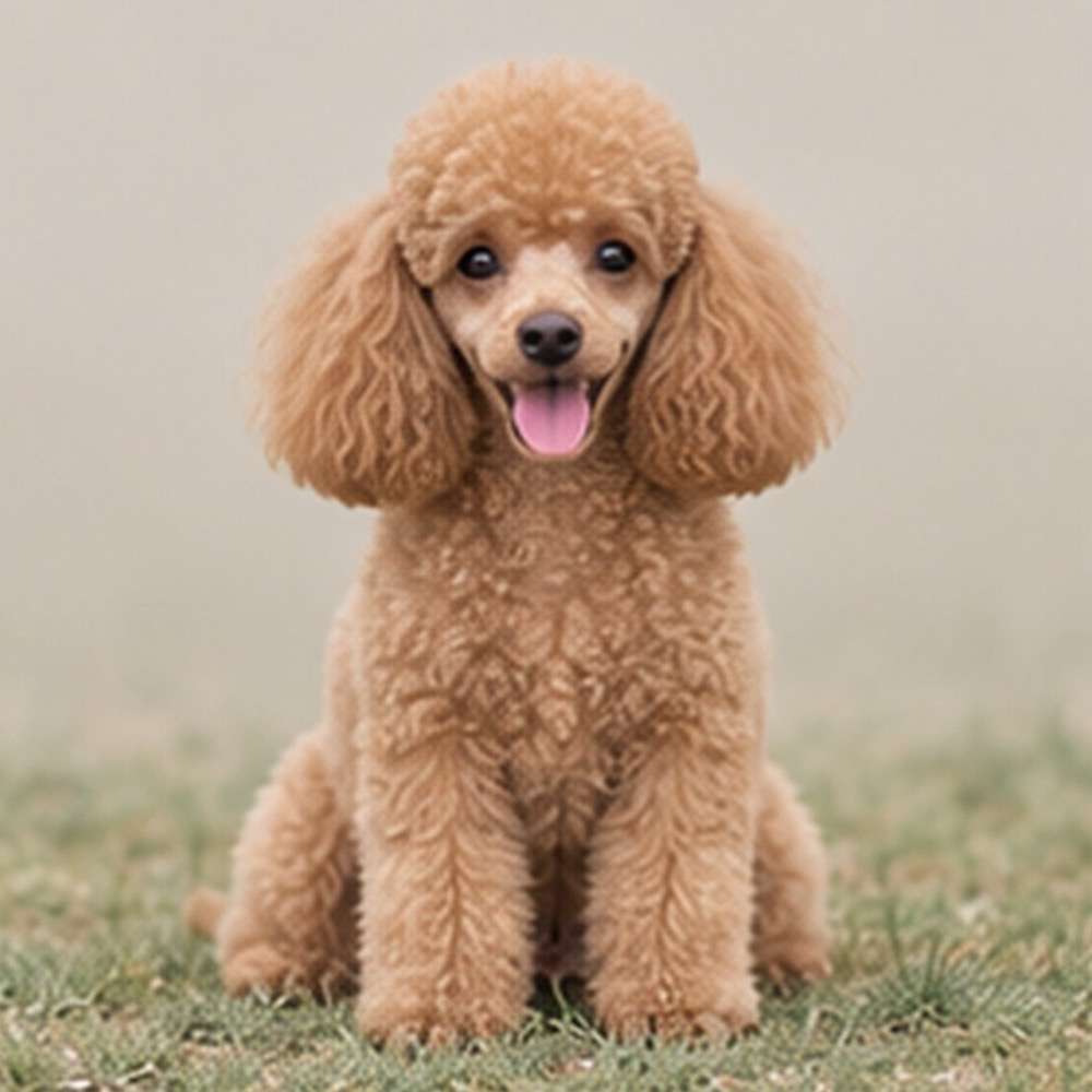Fluffy white Miniature Poodle standing proudly with alert expression