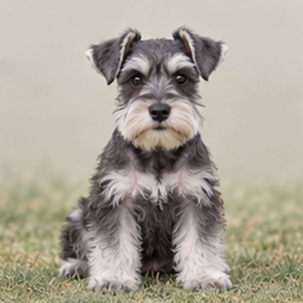 A small, wiry dog with a salt-and-pepper coat, standing proudly