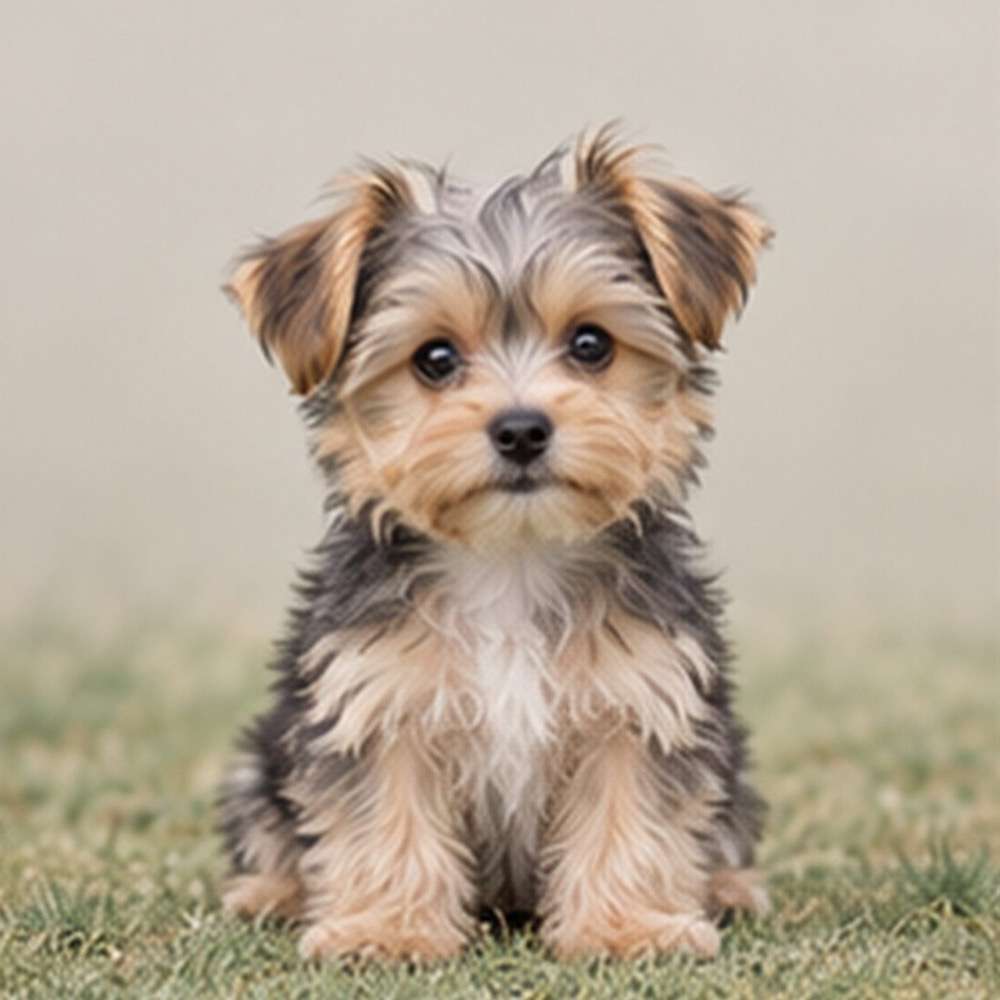 Small, fluffy dog with a mix of brown and white fur, sitting playfully