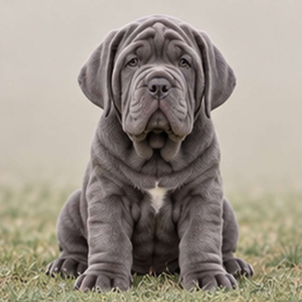 Large, muscular dog with loose skin and a gray coat, standing proudly