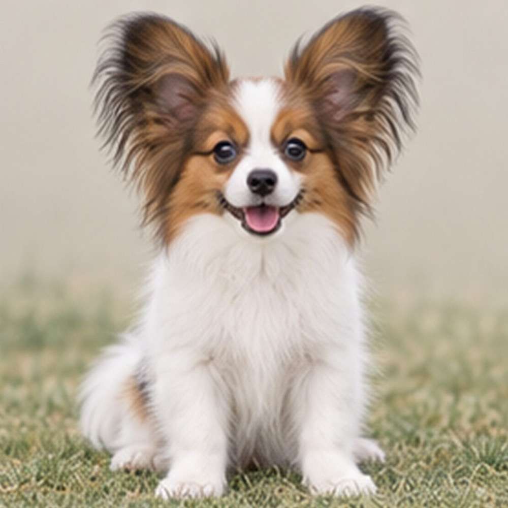 Small dog with large, butterfly-like ears, white coat with black markings, standing proudly
