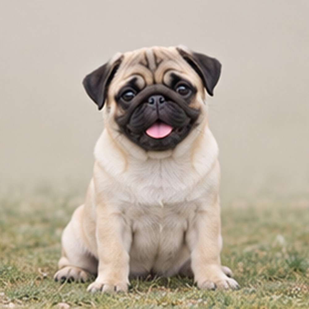 Small, playful pug with a wrinkled face and short, curled tail