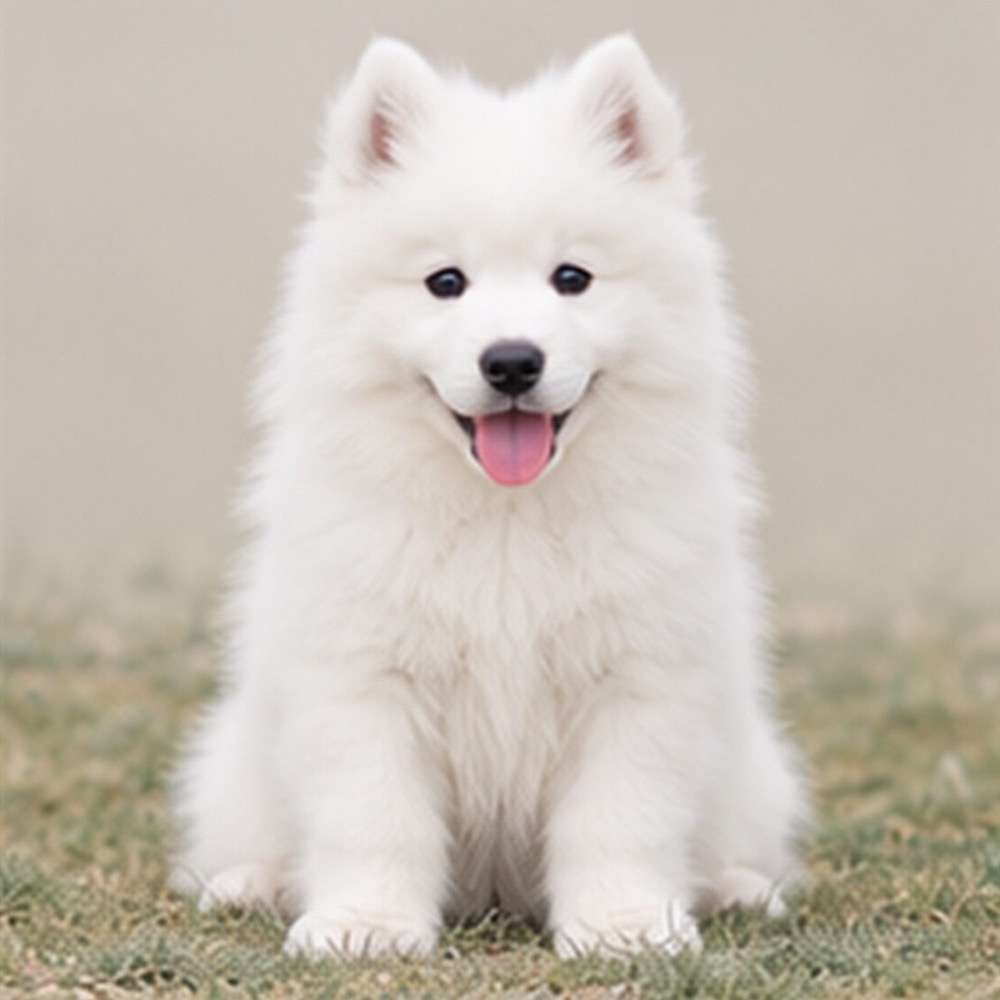 Fluffy white Samoyed standing proudly on a grassy field, smiling joyfully