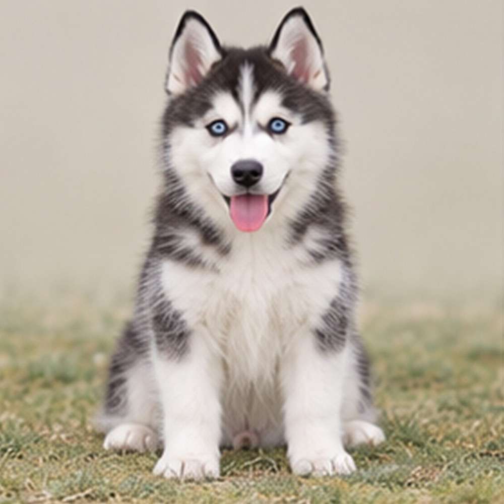 Gray and white Siberian Husky standing in a snowy landscape, bright blue eyes
