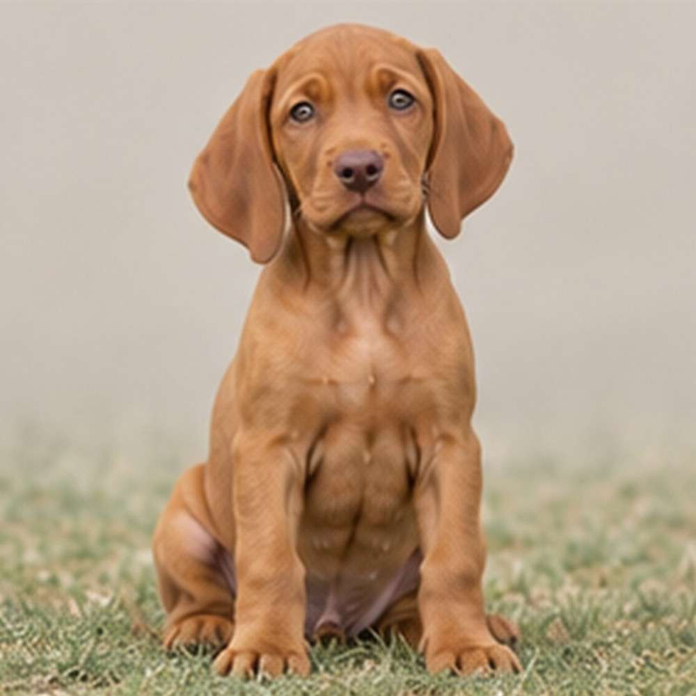 Rust-colored Vizsla sitting attentively with a shiny coat and alert expression