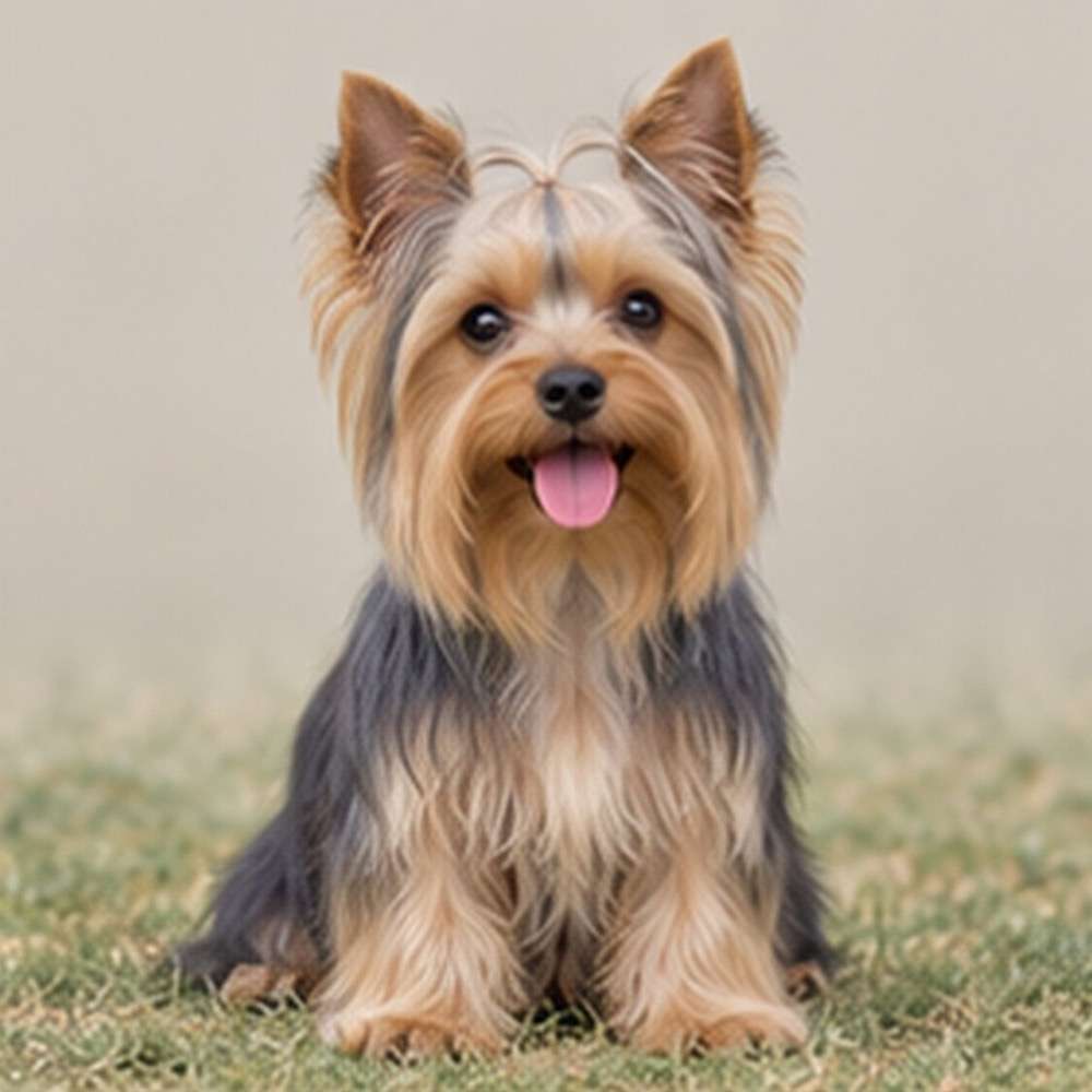 Small, energetic Yorkshire Terrier with long, silky fur, standing proudly