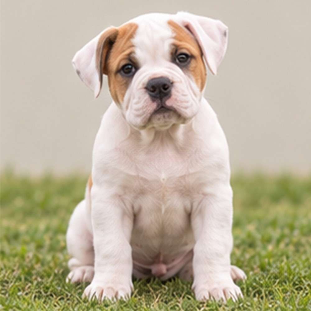 Muscular, stocky dog with a short white coat and playful stance
