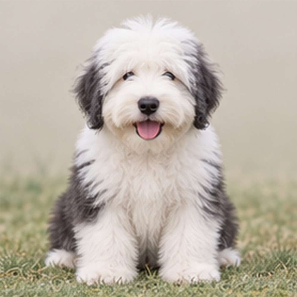 Fluffy gray and white dog standing proudly with a joyful expression