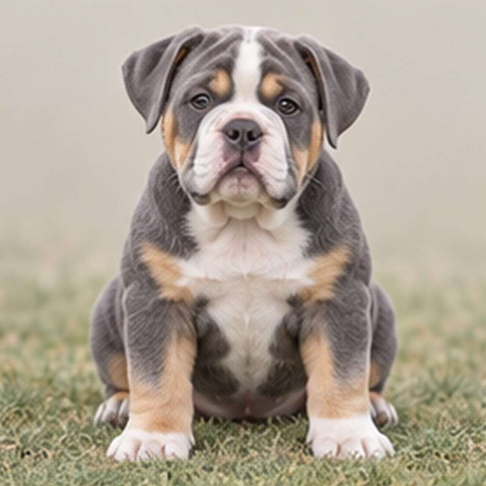 Muscular dog with a loose, wrinkled coat in brindle and white, standing confidently