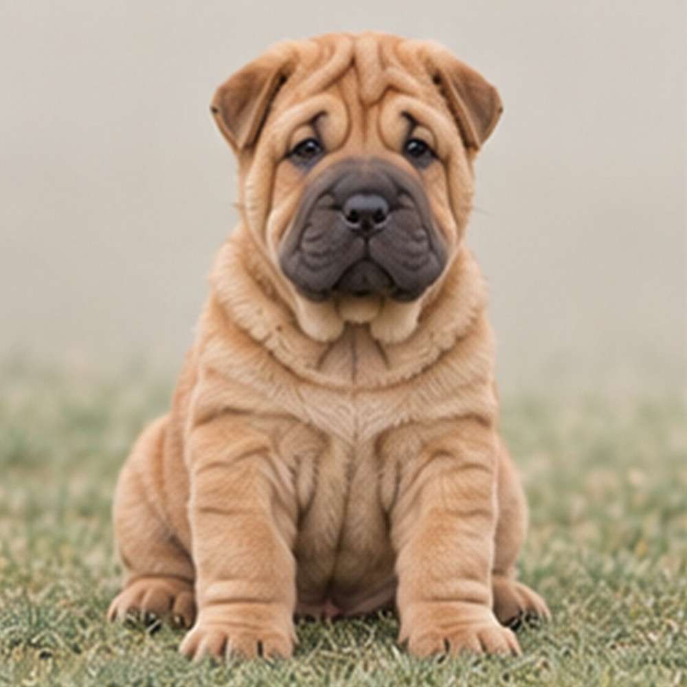Short, wrinkled face with a fawn-colored coat and alert posture
