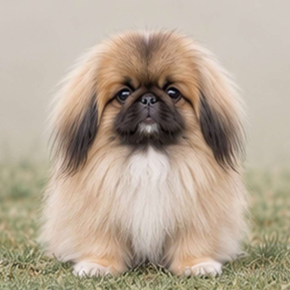 Fluffy, tan and white Pekingese sitting confidently, with large, expressive eyes