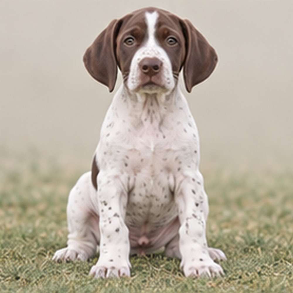 Brown and white spotted pointer sitting alert in a grassy field