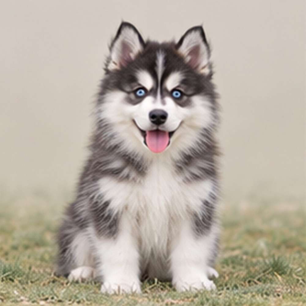 Fluffy, well-groomed dog with striking blue eyes and a mix of colors