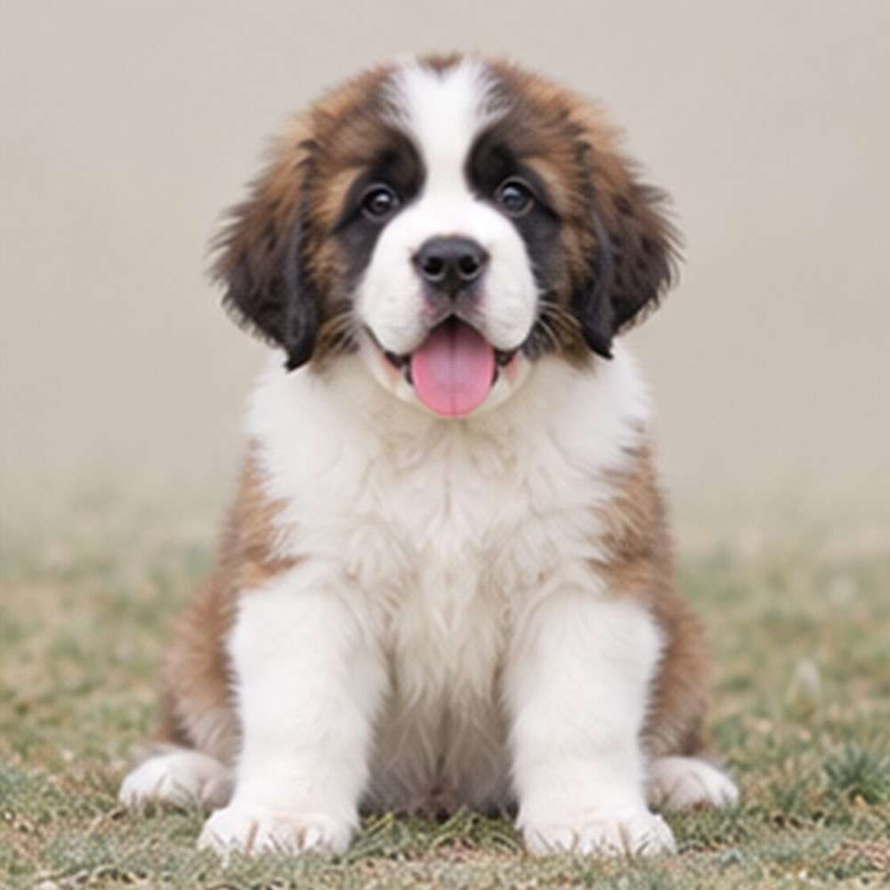 Large, furry dog with a thick brown and white coat, standing proudly