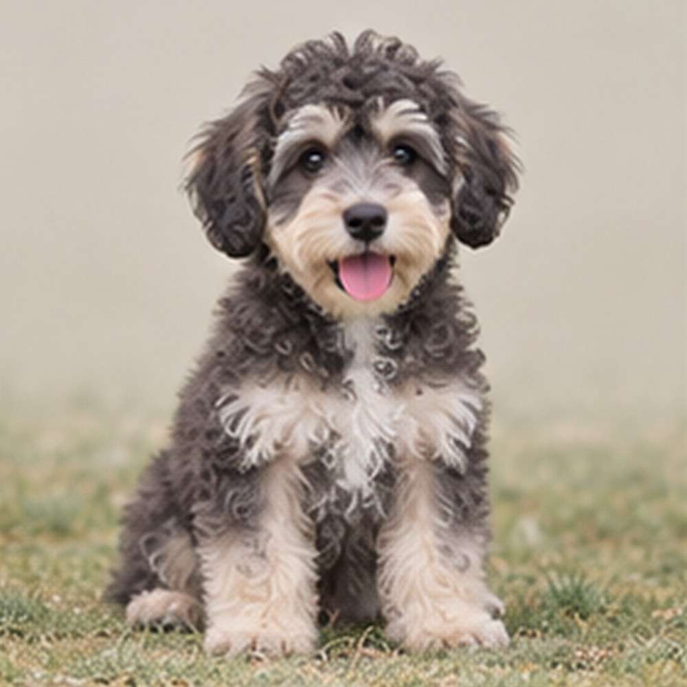 Curly-haired dog with a friendly expression, sitting with an alert posture