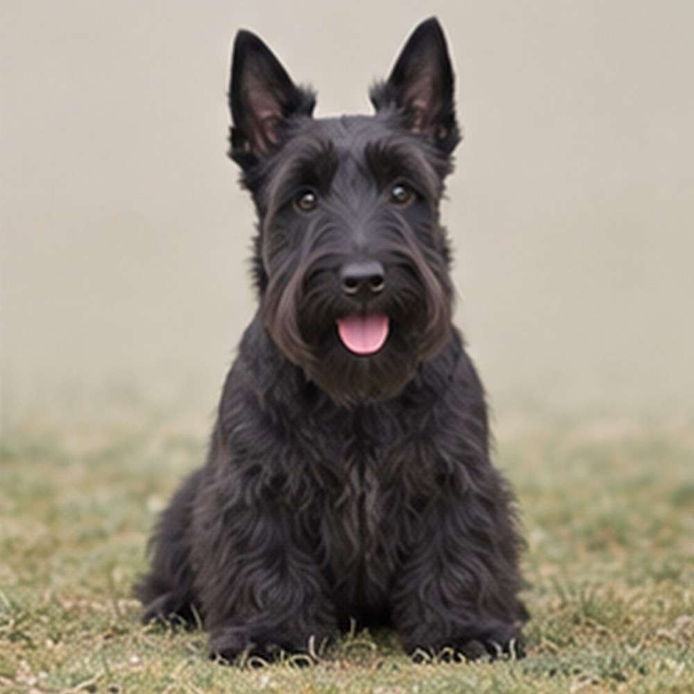 Black, wiry-coated Scottish Terrier standing proudly with alert ears and focused expression