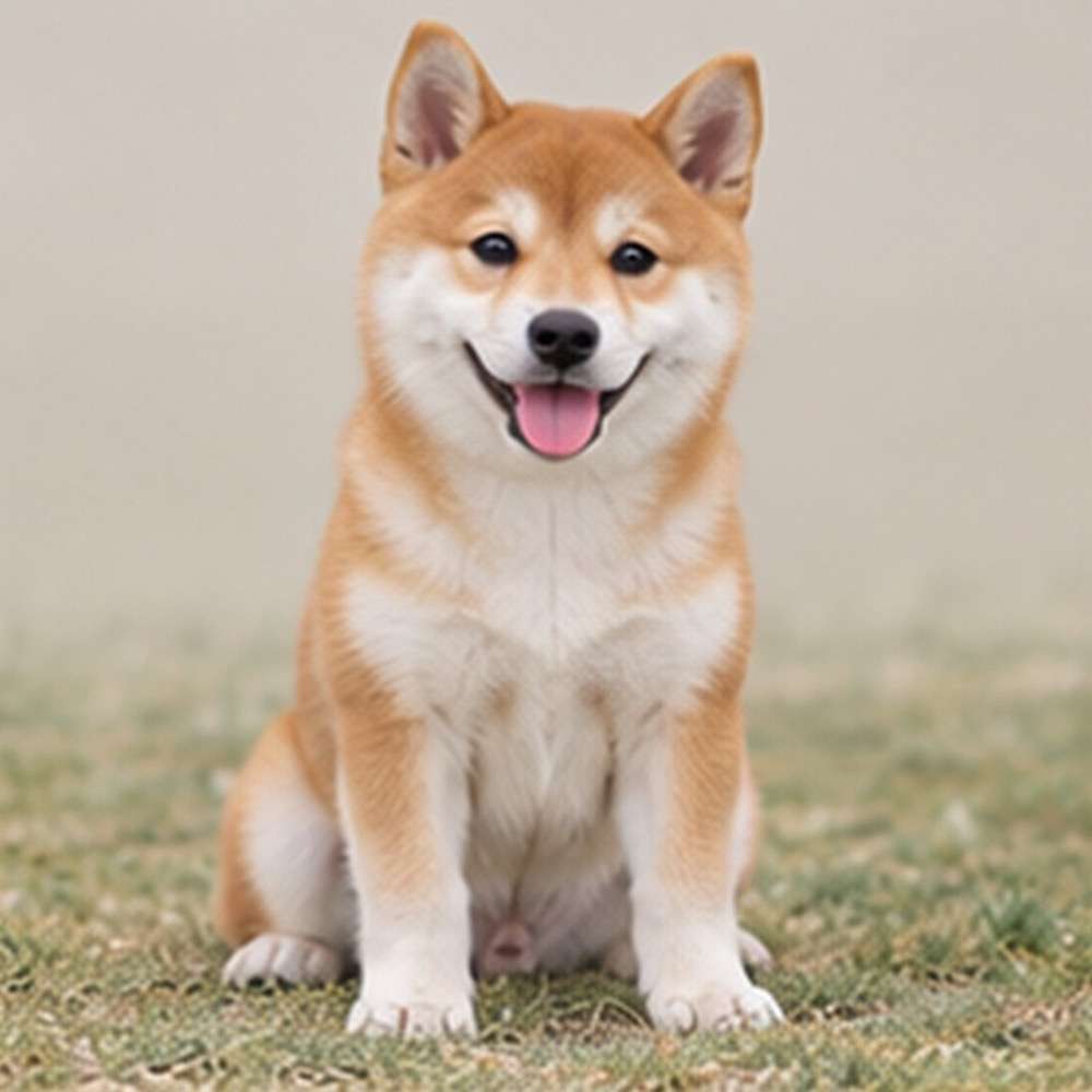 Tan and white Shiba Inu standing proudly with a bushy tail curled over its back