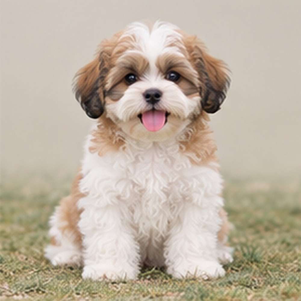 Fluffy, small dog with curly fur, sitting attentively, playful expression