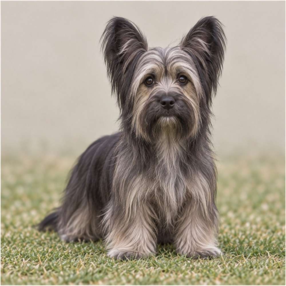 Long-haired dog with a flowing coat, standing proudly on grass