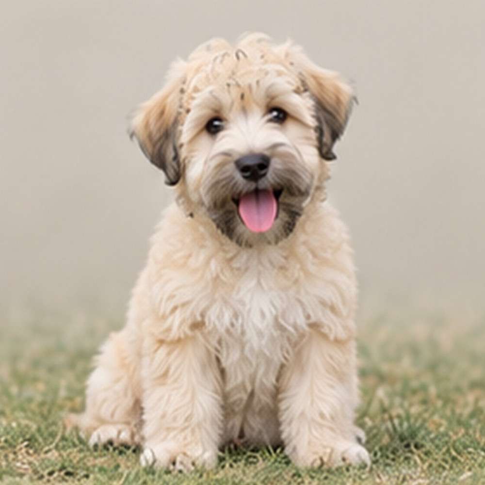 Lightly textured, golden coat with a playful stance and warm expression