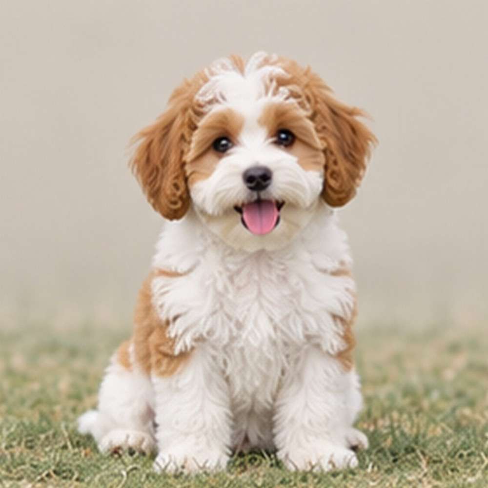Fluffy, small dog with a soft coat, sitting happily on grass