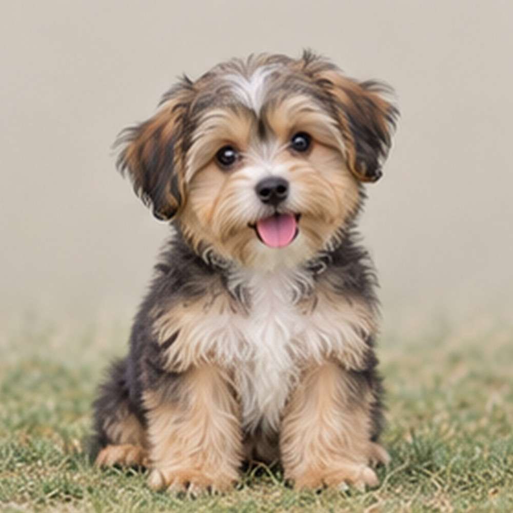 Small, fluffy dog with a mix of tan and black coat, standing alert