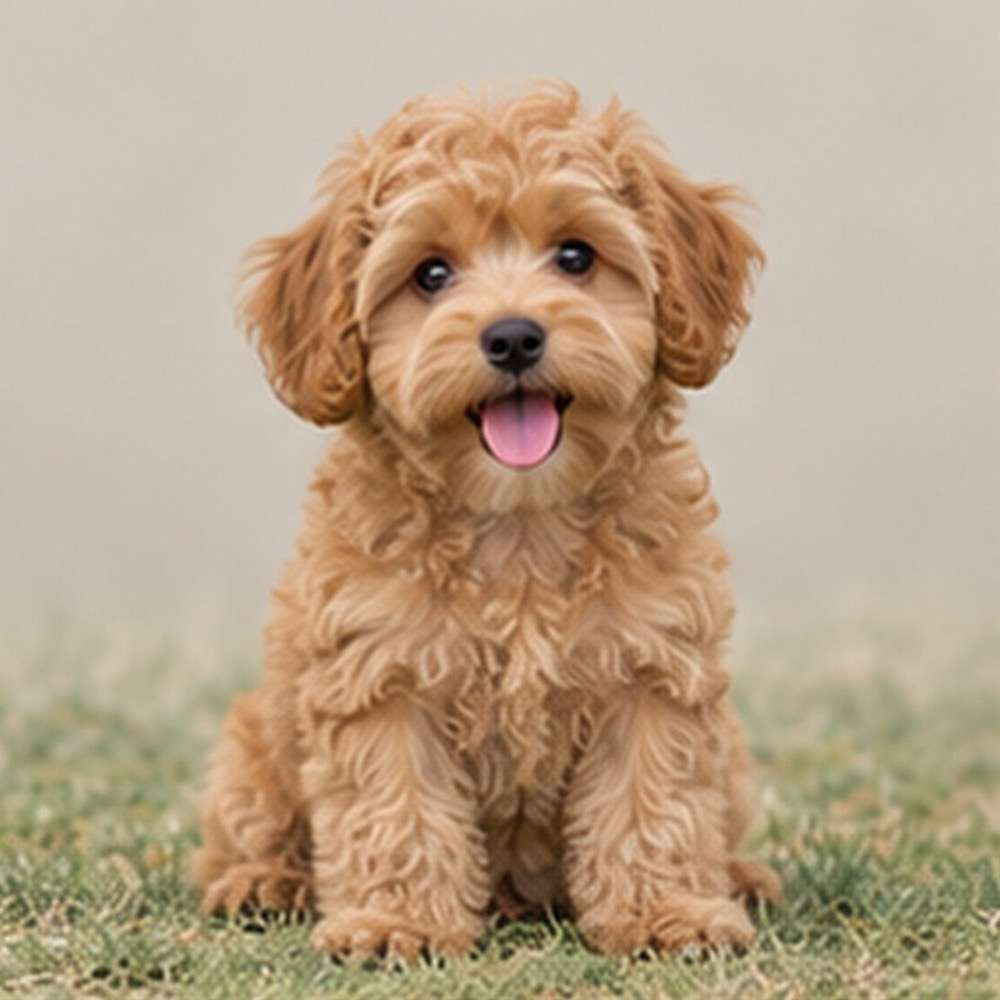 Small dog with curly coat, brown and black coloring, sitting playfully