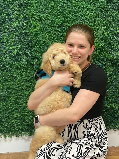 A person holding a golden puppy at Wags About You